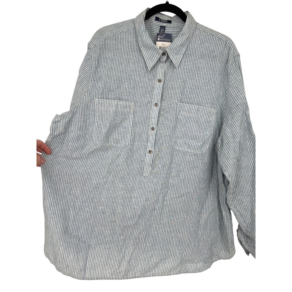 NWT Chaps Womens Cobble Ave Blue White Striped Linen Cotton Henley Shirt Size 3X - Picture 8 of 15
